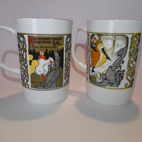 Vintage Art Nouveau Mugs Moulin Rouge Toulouse Lautrec Set of 2 - Picture 3 of 10
